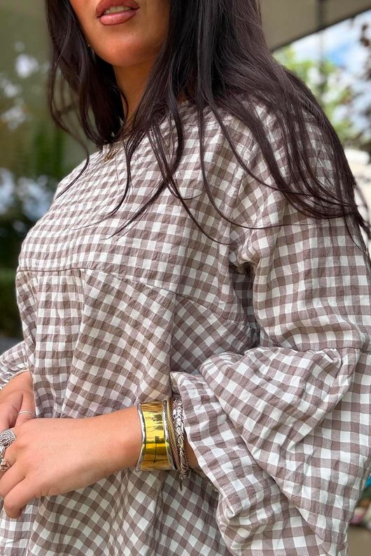 Nonni Gingham Bell Sleeve Peasant Blouse Mocha